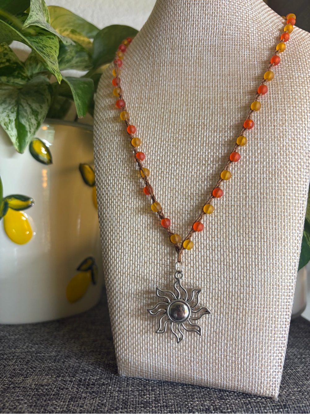 Handmade Crocheted Sun Pendant Necklace with Orange and Yellow Beads